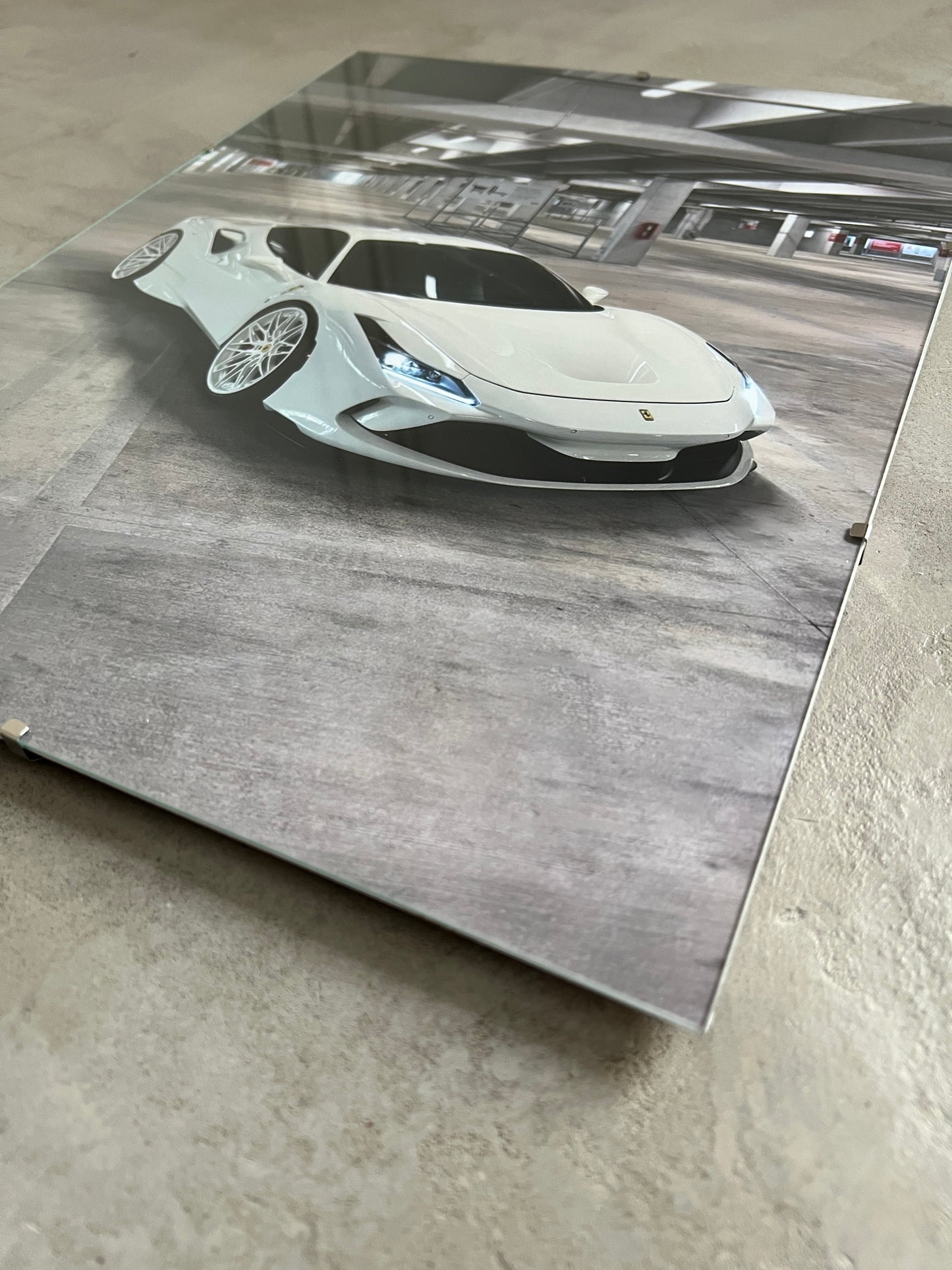 WHITE FERRARI F8 TRIBUTO GLASS PRINT