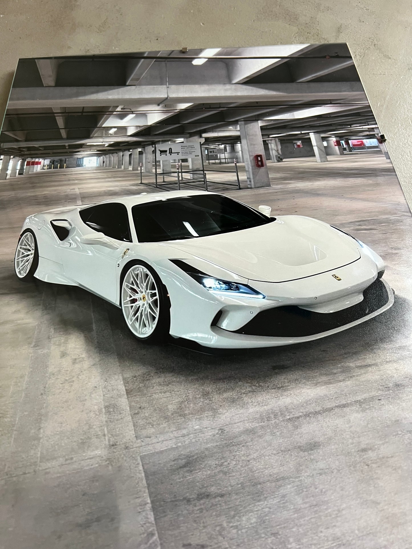 WHITE FERRARI F8 TRIBUTO GLASS PRINT