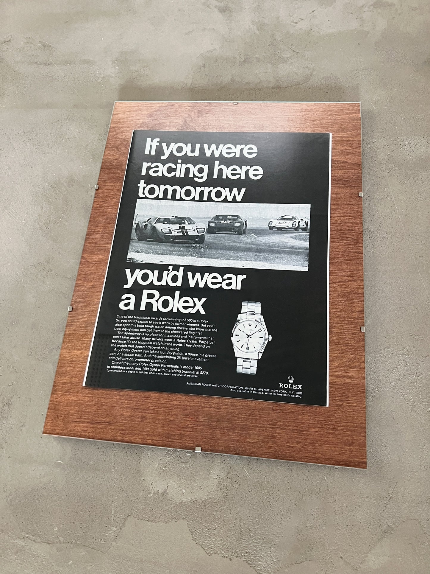 90S ROLEX RACING AD GLASS PRINT