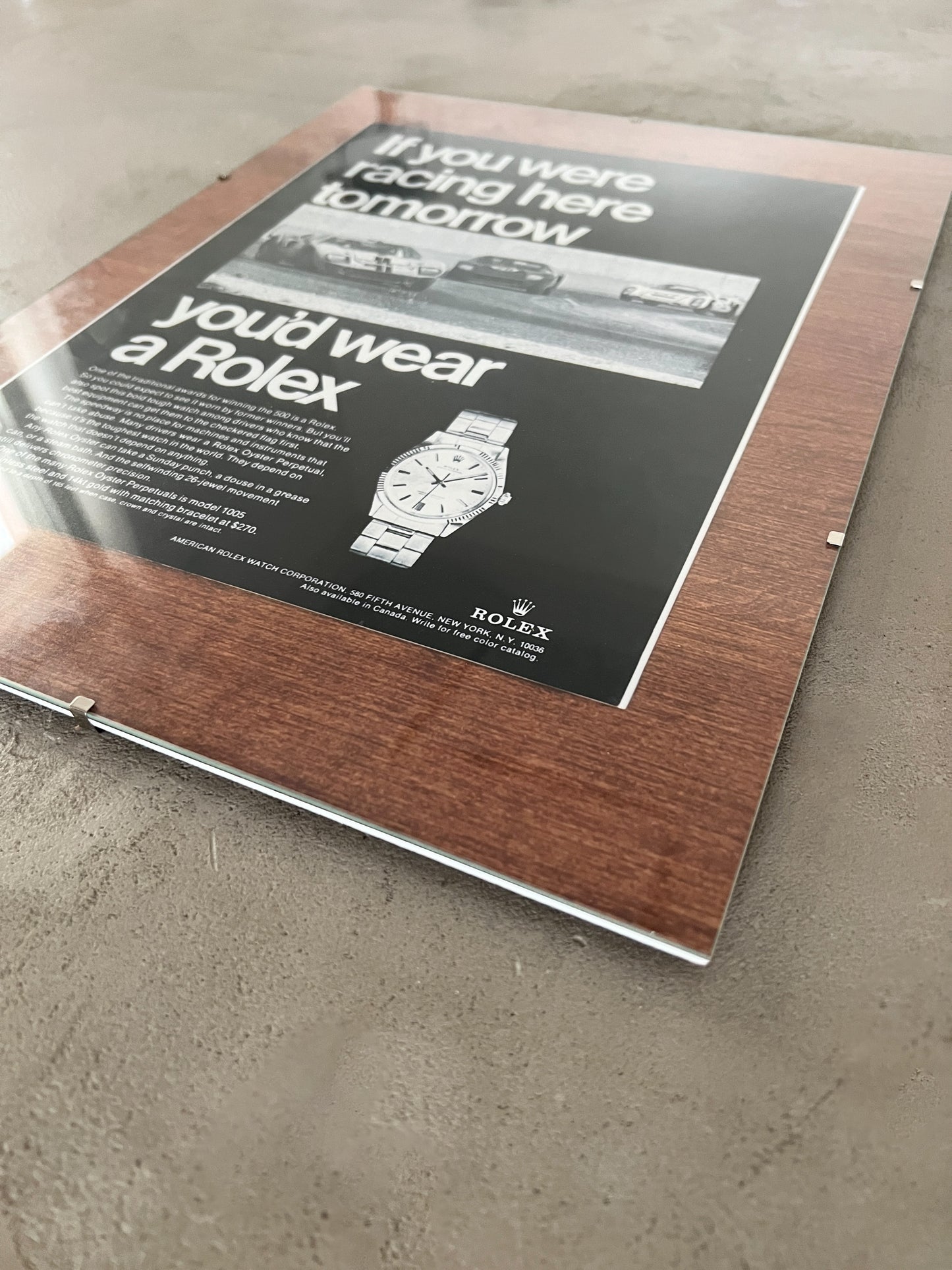90S ROLEX RACING AD GLASS PRINT