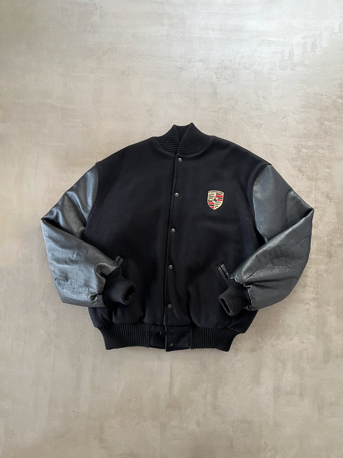 BLACK PORSCHE LEATHER JACKET - 1990S - XL/XXL