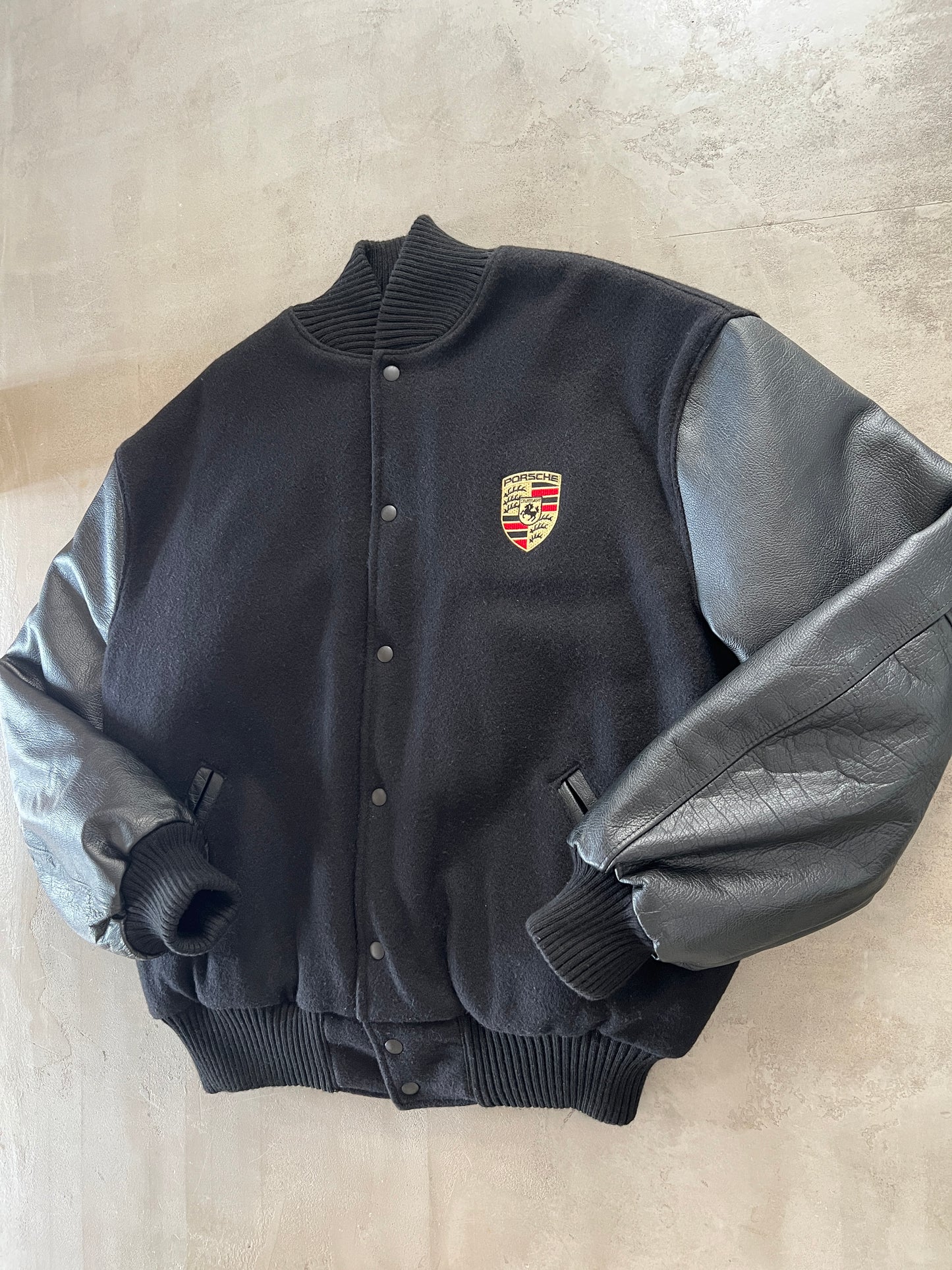BLACK PORSCHE LEATHER JACKET - 1990S - XL/XXL