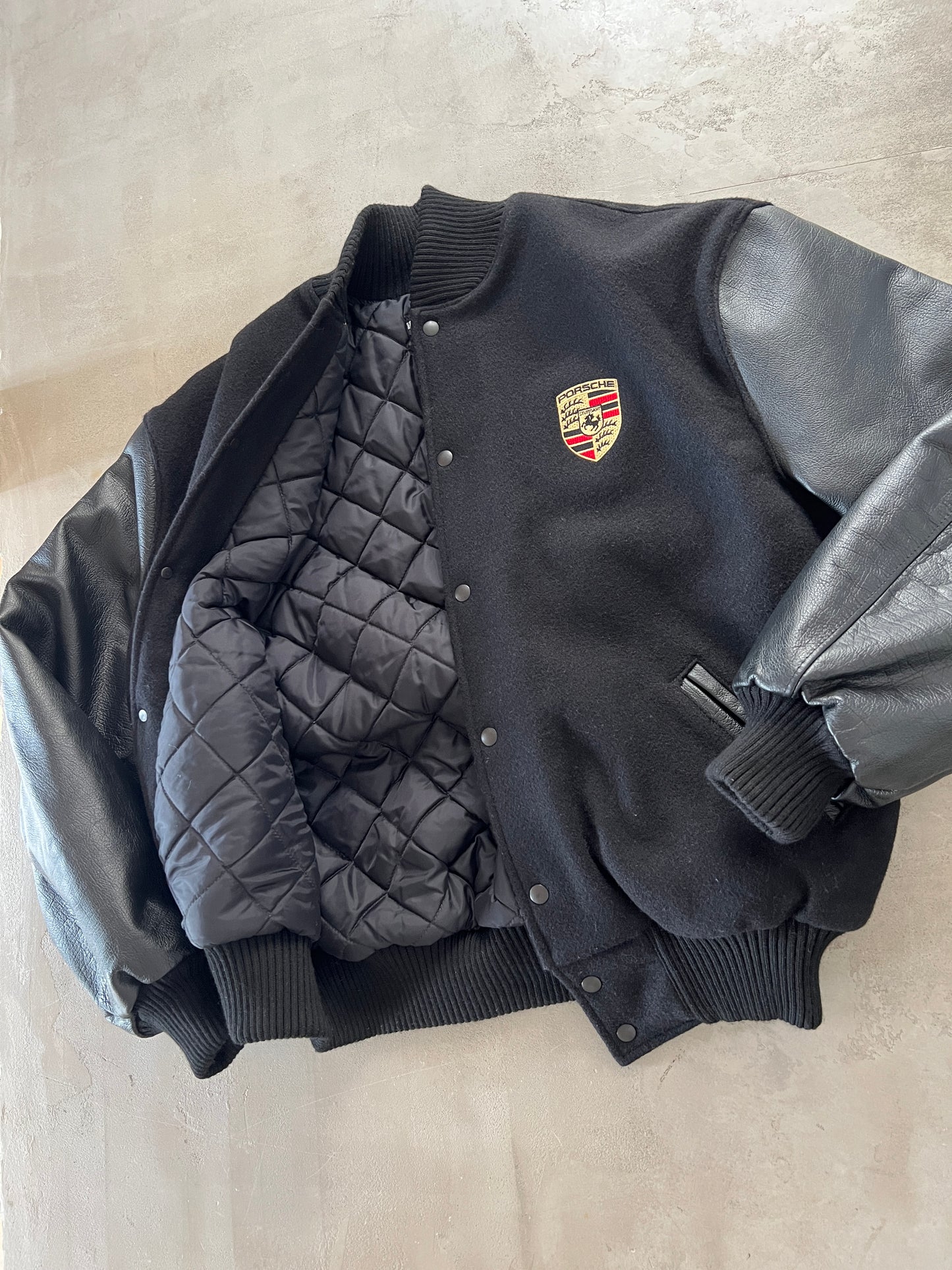 BLACK PORSCHE LEATHER JACKET - 1990S - XL/XXL