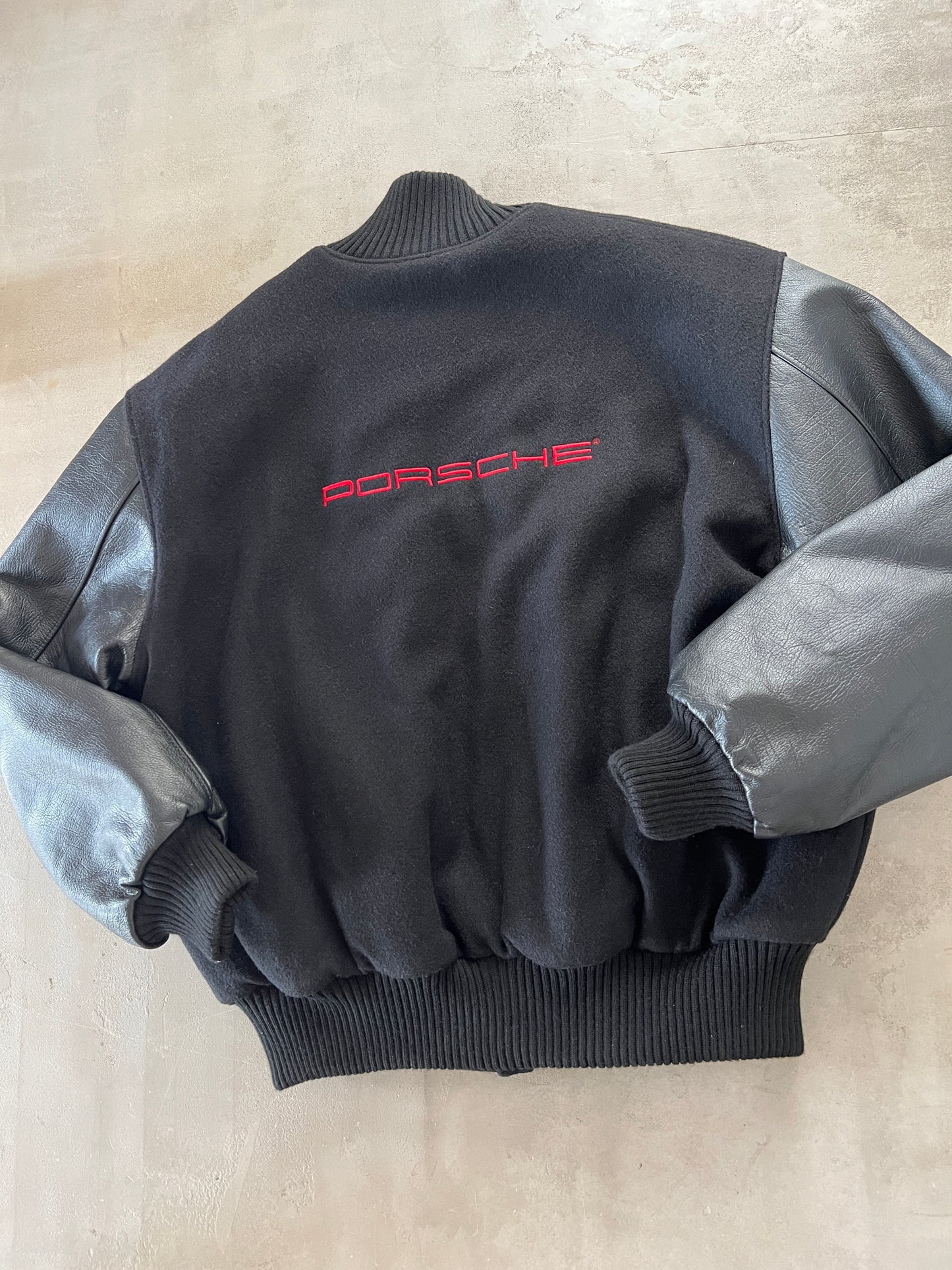 BLACK PORSCHE LEATHER JACKET - 1990S - XL/XXL