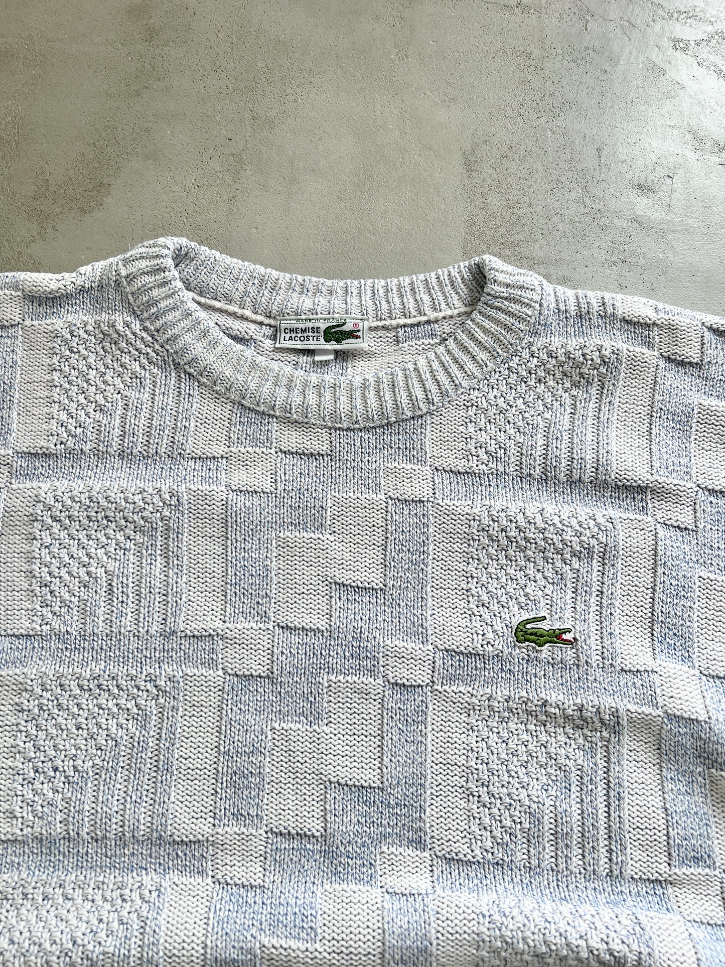 BABY BLUE/WHITE LACOSTE KNIT SWEATER - 1990S - M/L