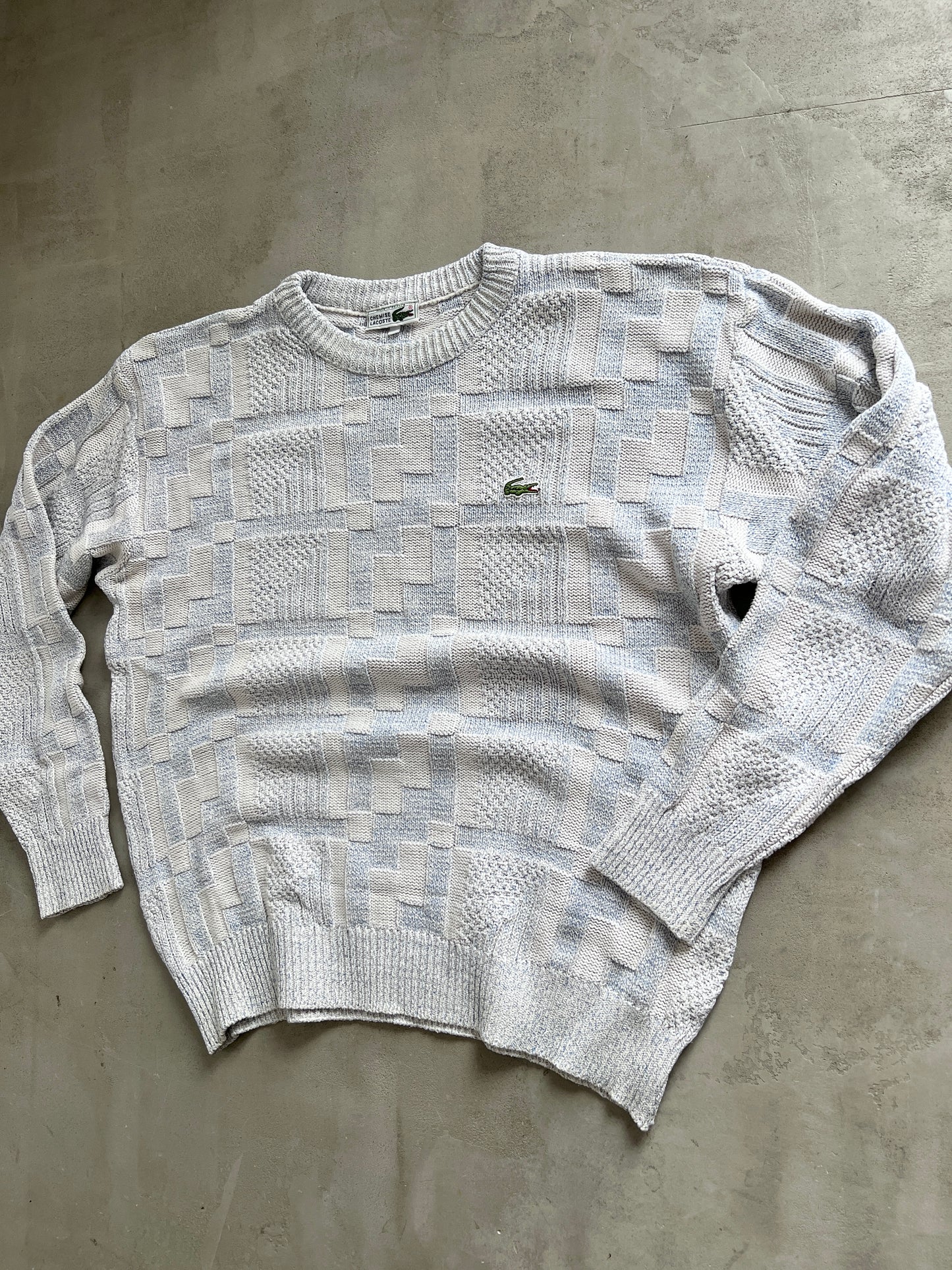 BABY BLUE/WHITE LACOSTE KNIT SWEATER - 1990S - M/L