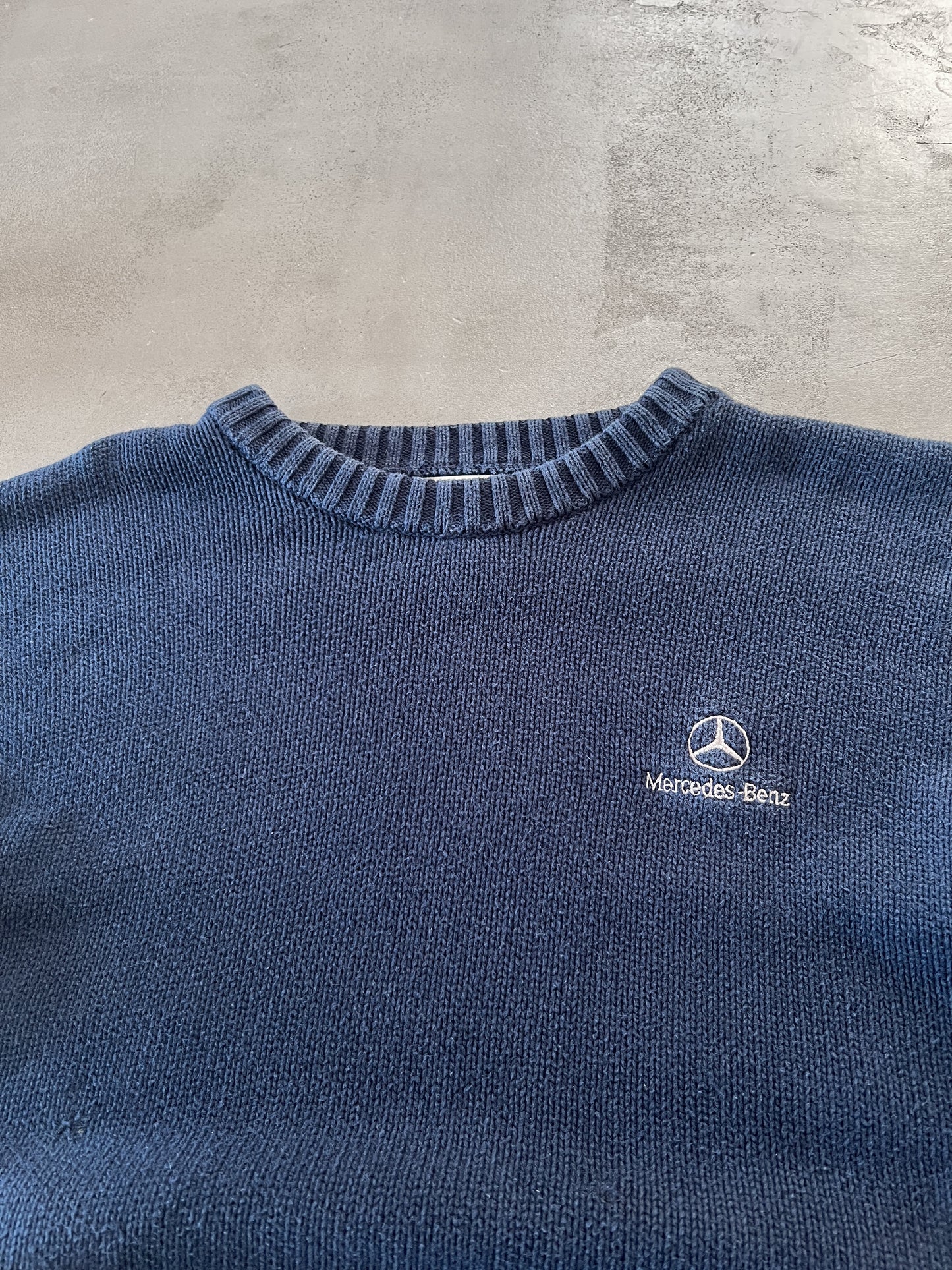 NAVY MERCEDES BENZ KNIT SWEATER - 1990S - S