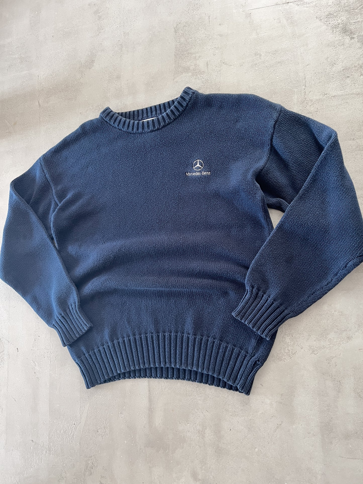 NAVY MERCEDES BENZ KNIT SWEATER - 1990S - S