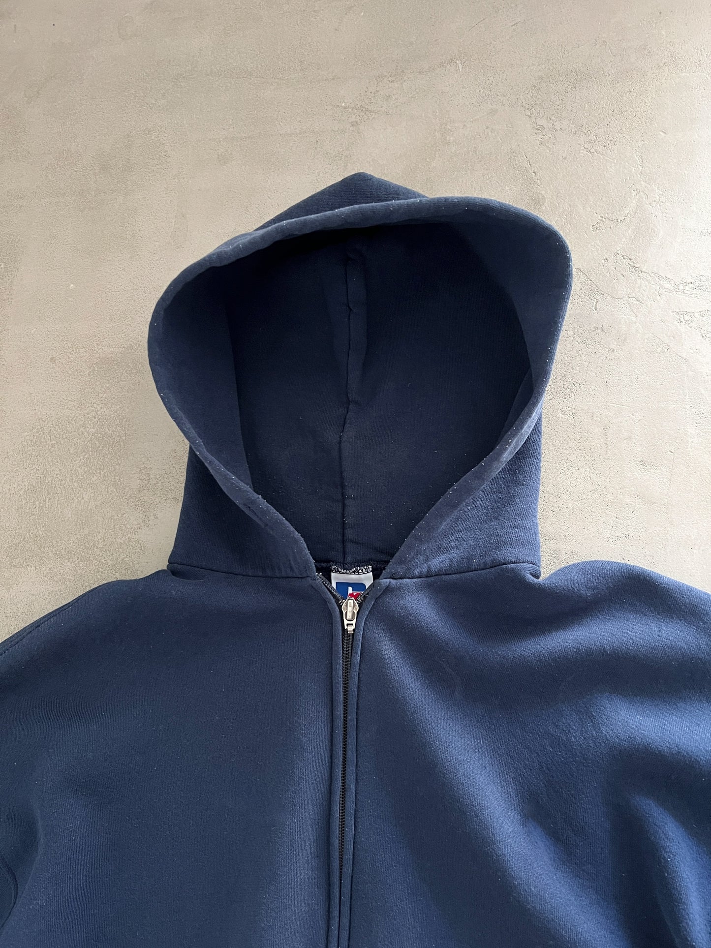 NAVY RUSSELL ATHLETIC ZIP UP HOODIE - 1990S - L
