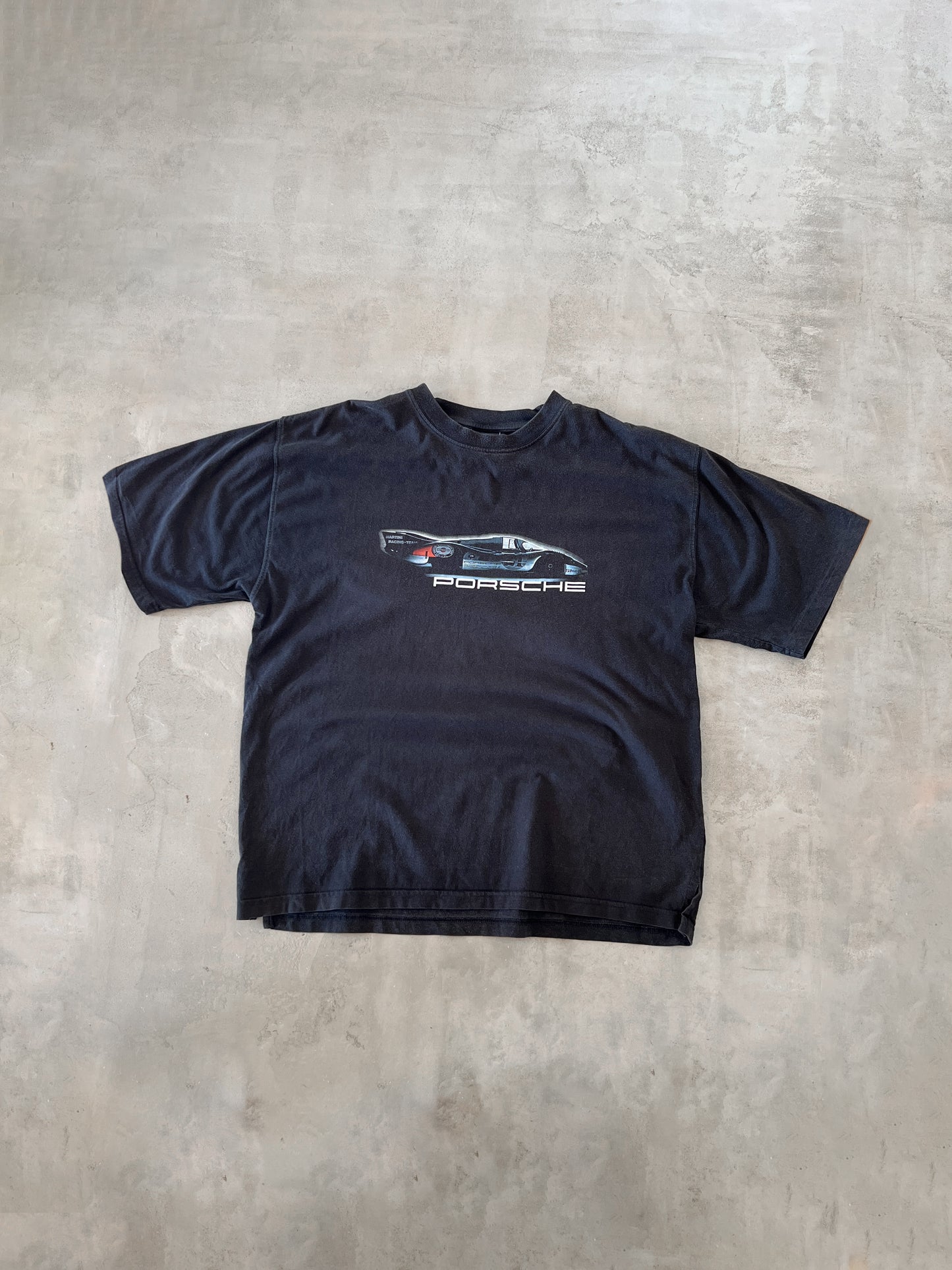 FADED BLACK PORSCHE RACING TEE - 1990S - L/XL