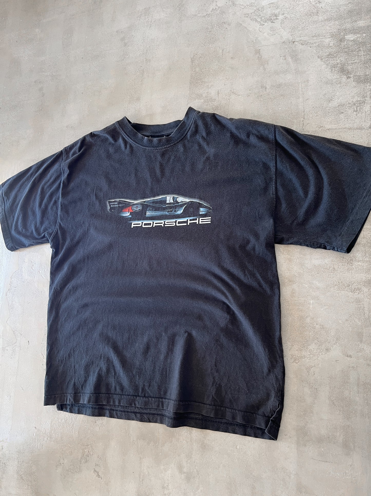 FADED BLACK PORSCHE RACING TEE - 1990S - L/XL
