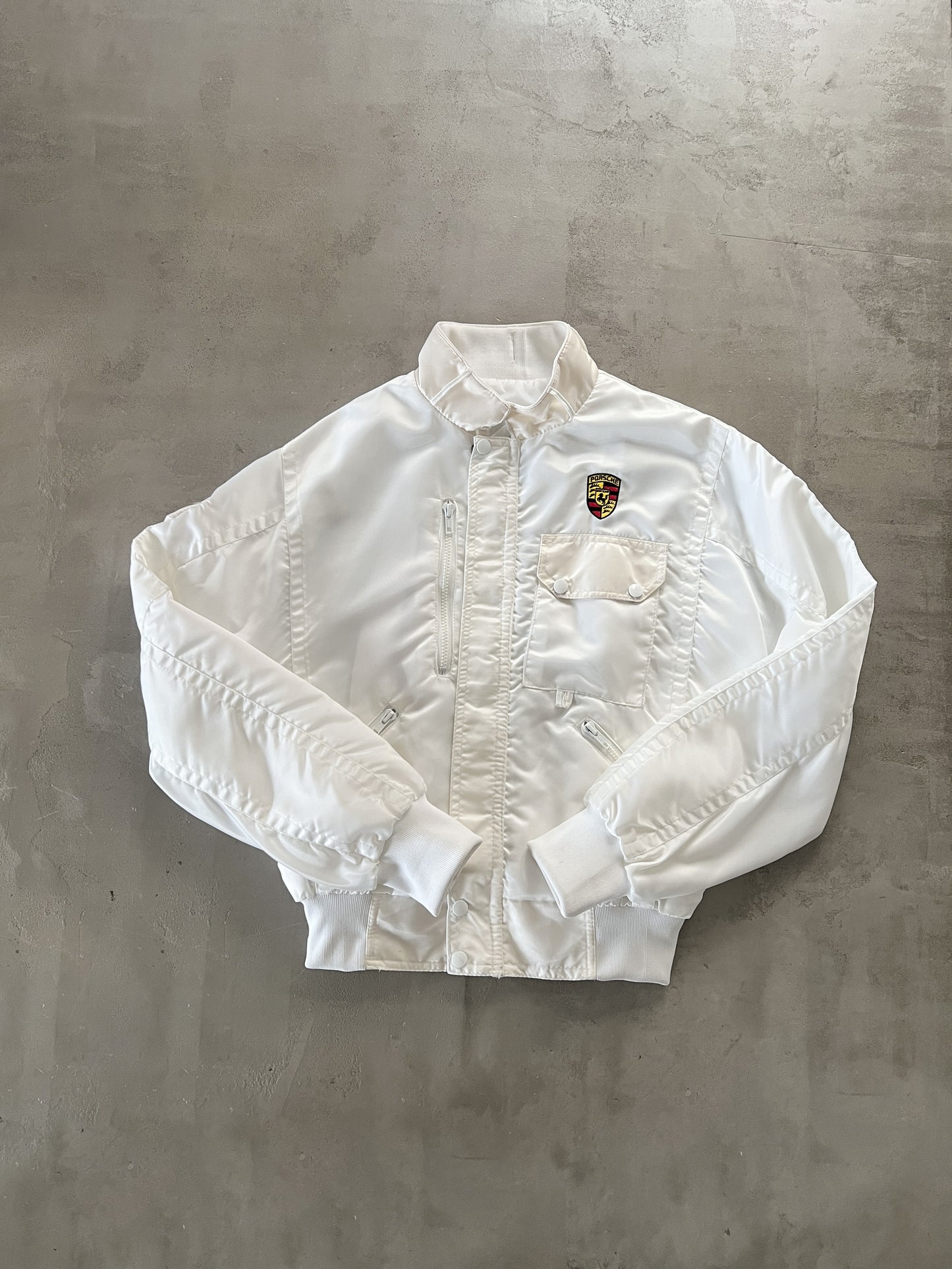 CREME/WHITE PORSCHE JACKET - 1990S - S/M