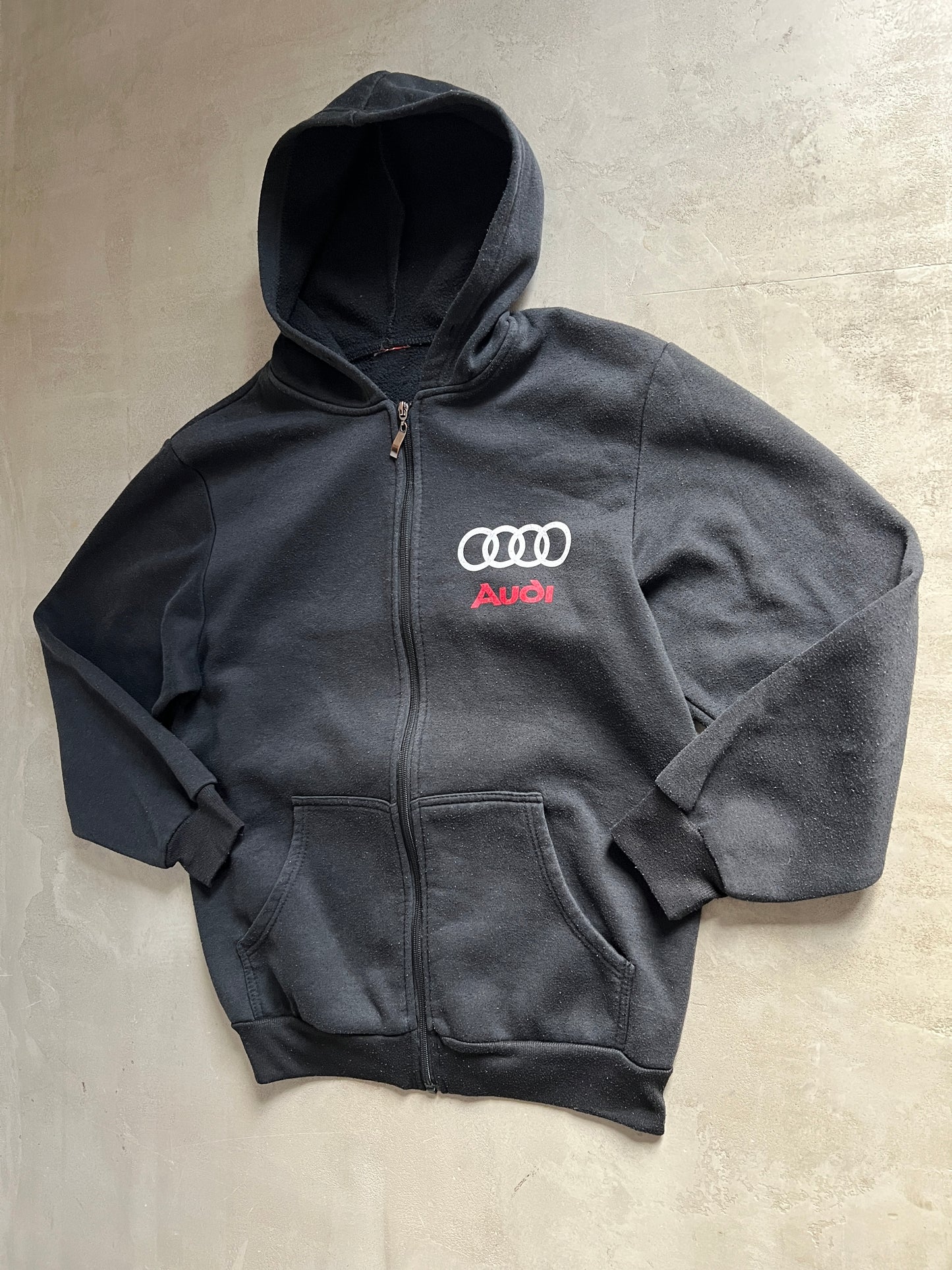 FADED BLACK AUDI ZIP UP HOODIE - 1990S - M