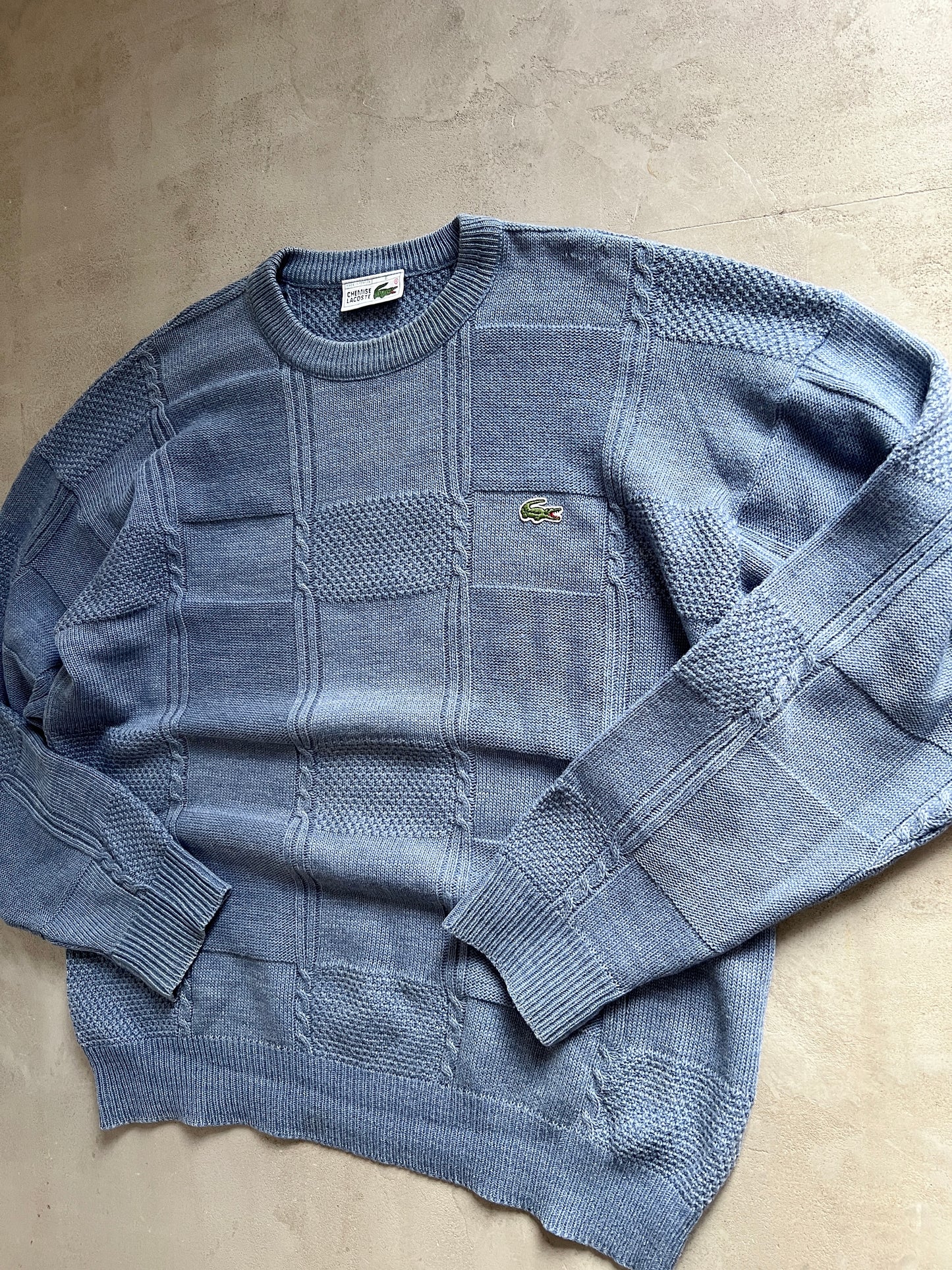 SLATE BLUE LACOSTE KNIT SWEATER - 1990S - M