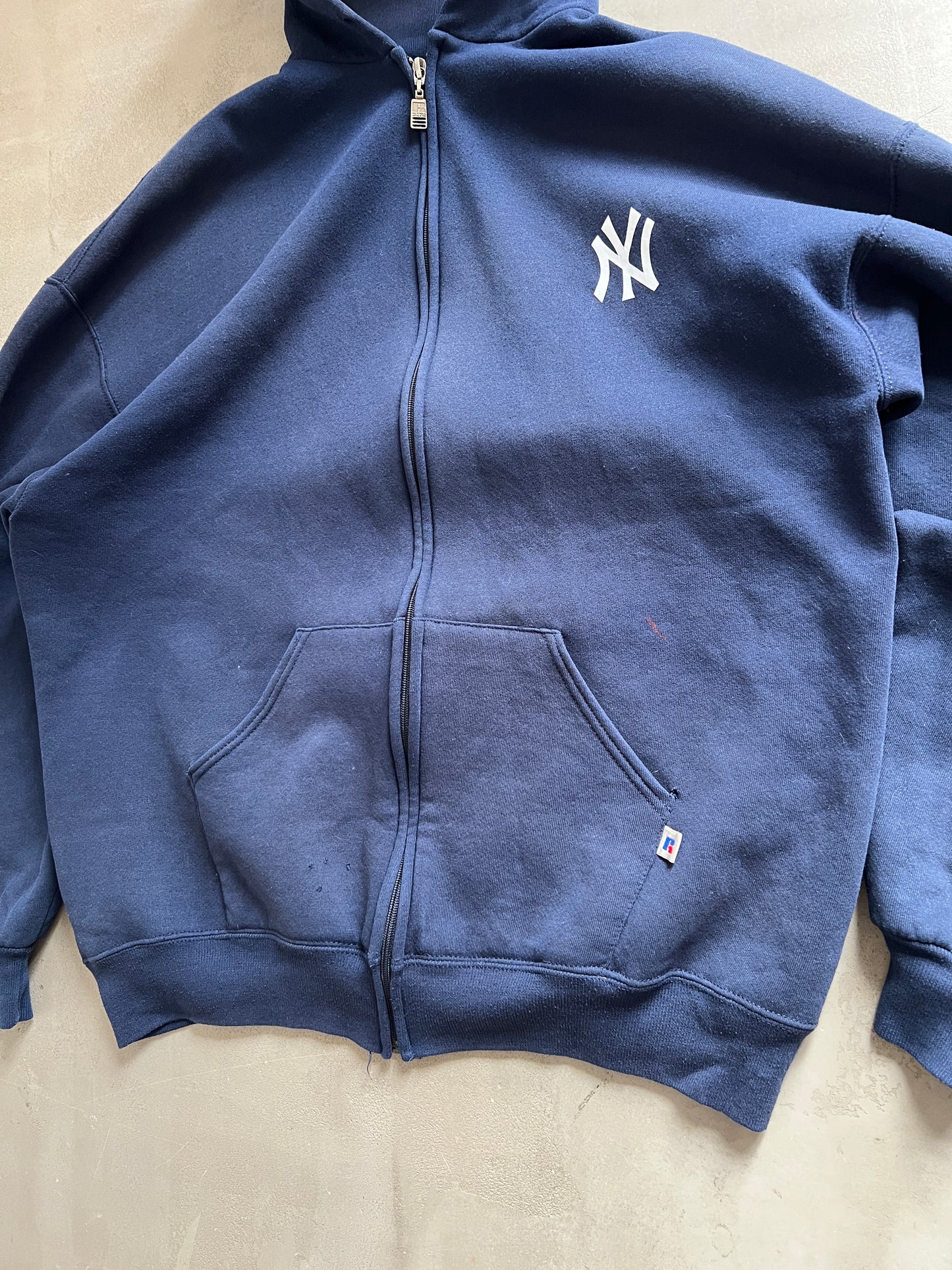 NAVY YANKEES RUSSELL ZIP UP HOODIE - 1990S - XL