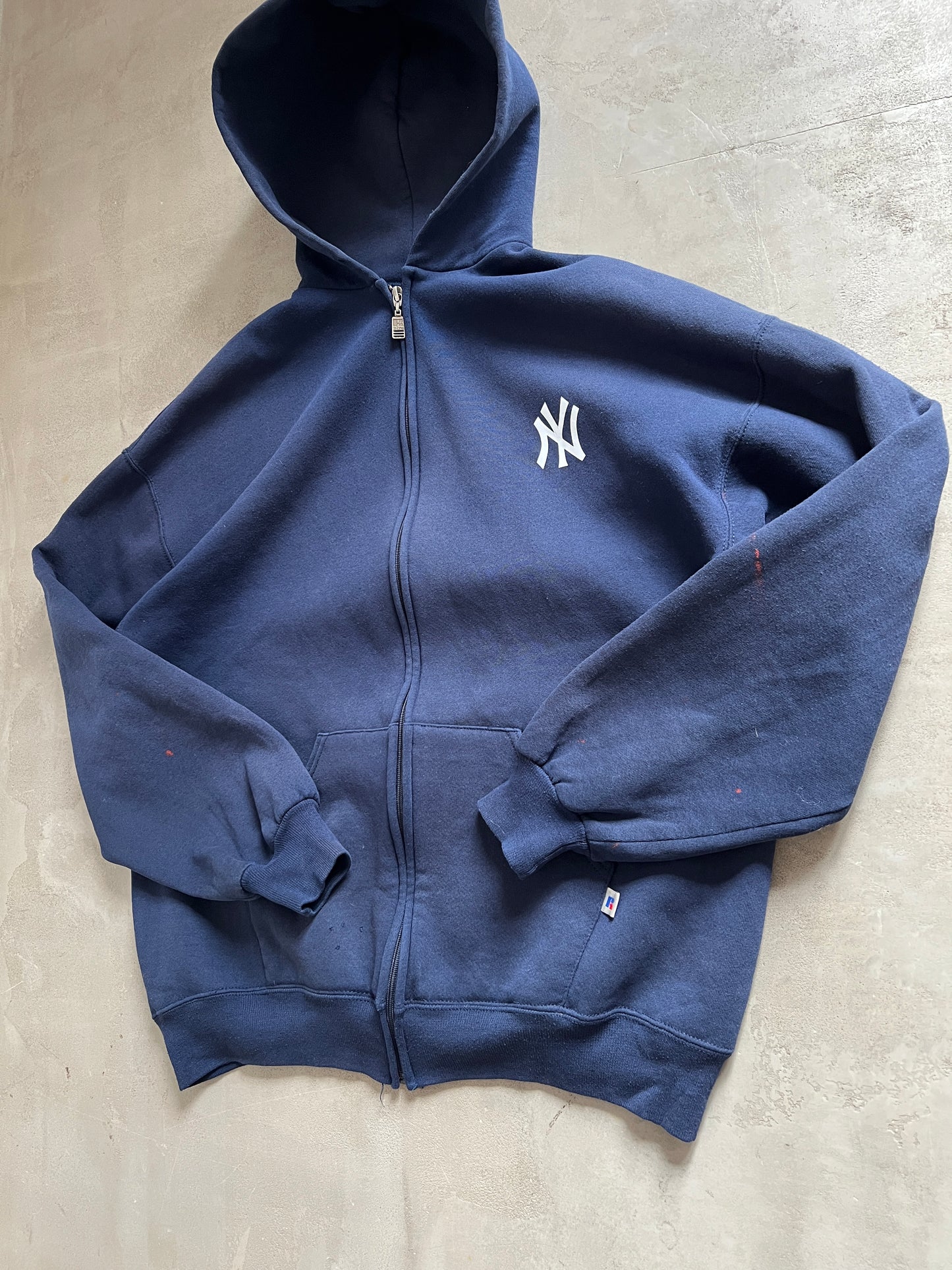NAVY YANKEES RUSSELL ZIP UP HOODIE - 1990S - XL