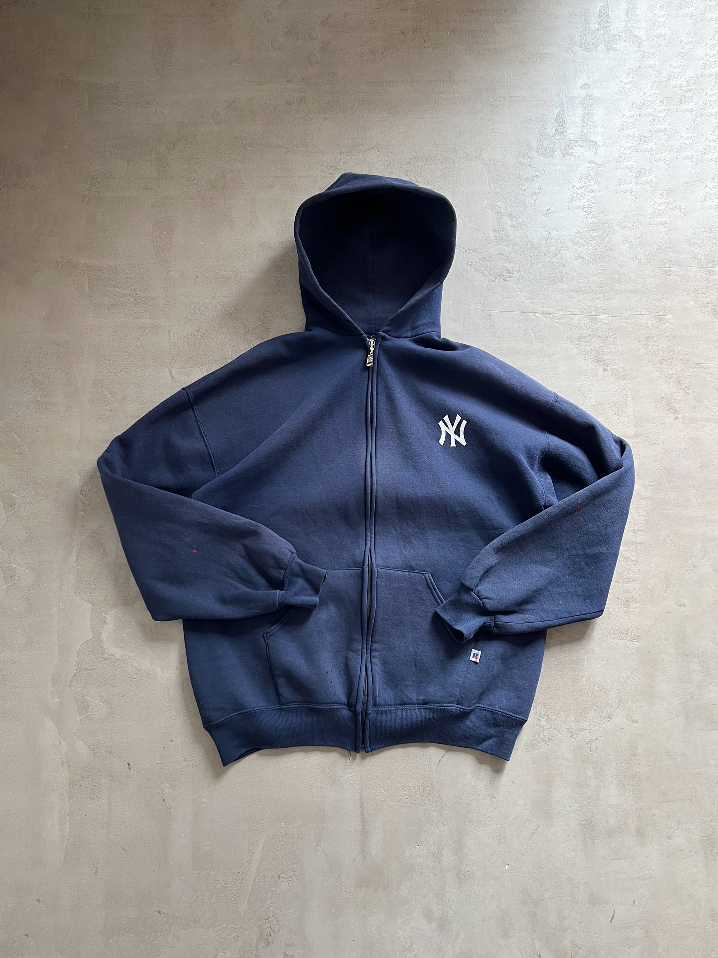 NAVY YANKEES RUSSELL ZIP UP HOODIE - 1990S - XL