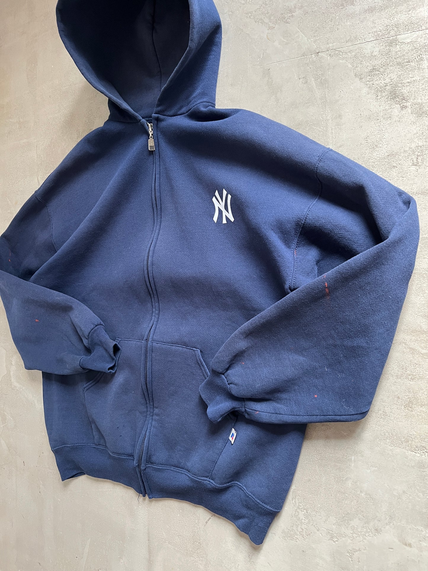 NAVY YANKEES RUSSELL ZIP UP HOODIE - 1990S - XL