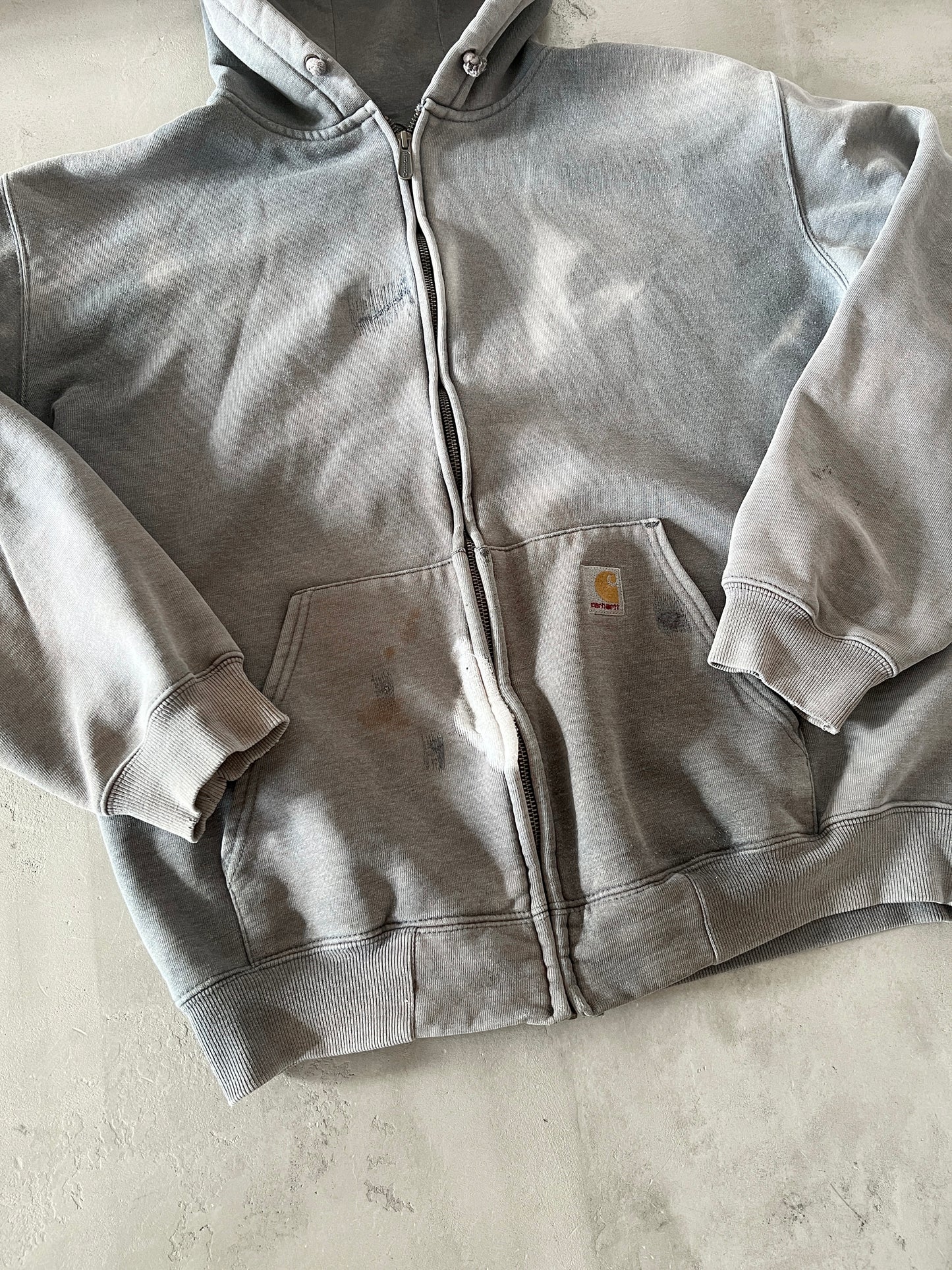 FADED GREY CARHARTT ZIP UP HOODIE - 1990S - L