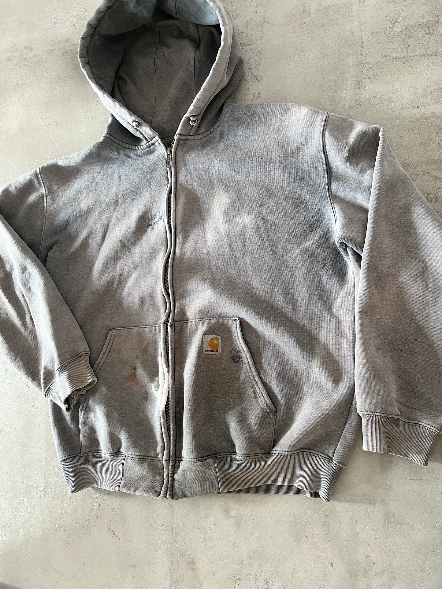 FADED GREY CARHARTT ZIP UP HOODIE - 1990S - L