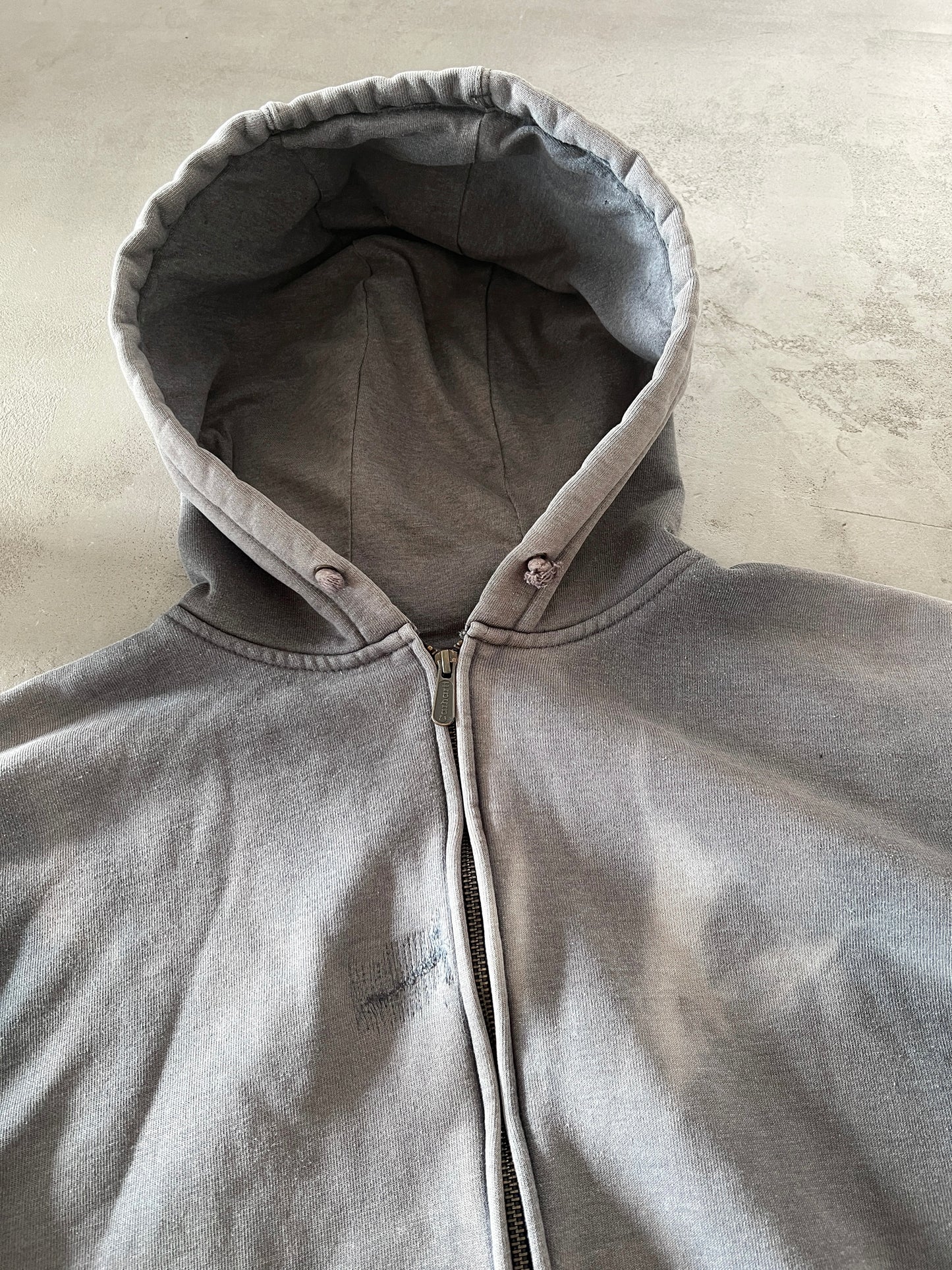 FADED GREY CARHARTT ZIP UP HOODIE - 1990S - L
