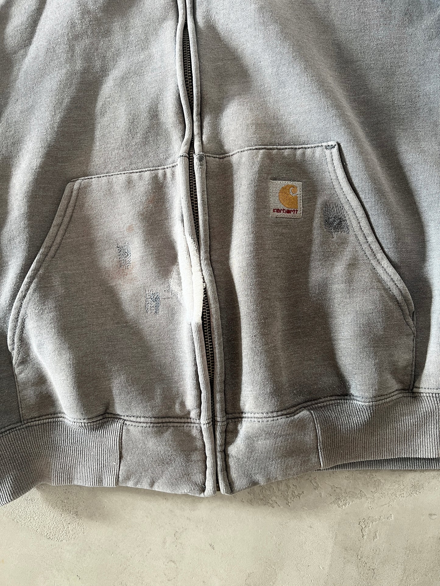 FADED GREY CARHARTT ZIP UP HOODIE - 1990S - L