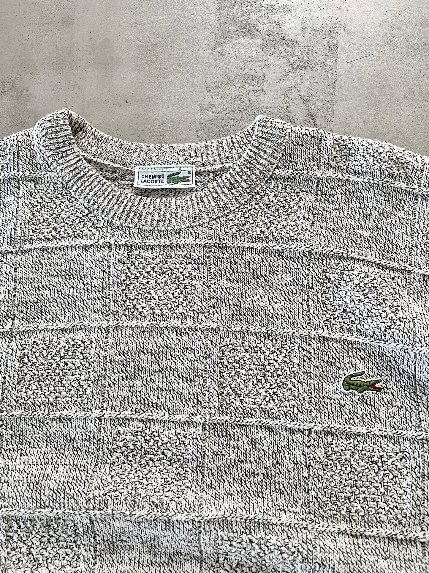 CREME/GREY LACOSTE KNIT SWEATER - 2000S - M/L