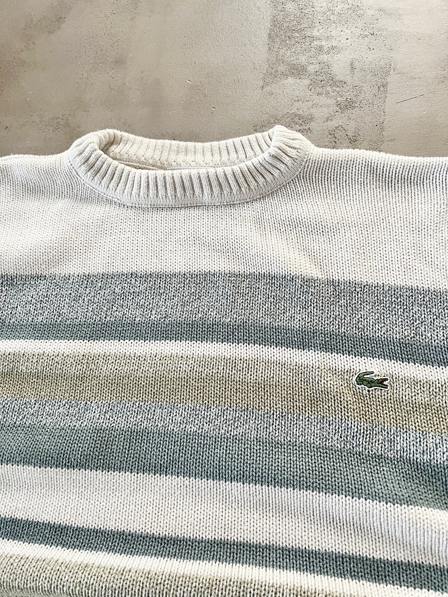 WHITE/BLUE LACOSTE KNIT SWEATER - 2000S - S