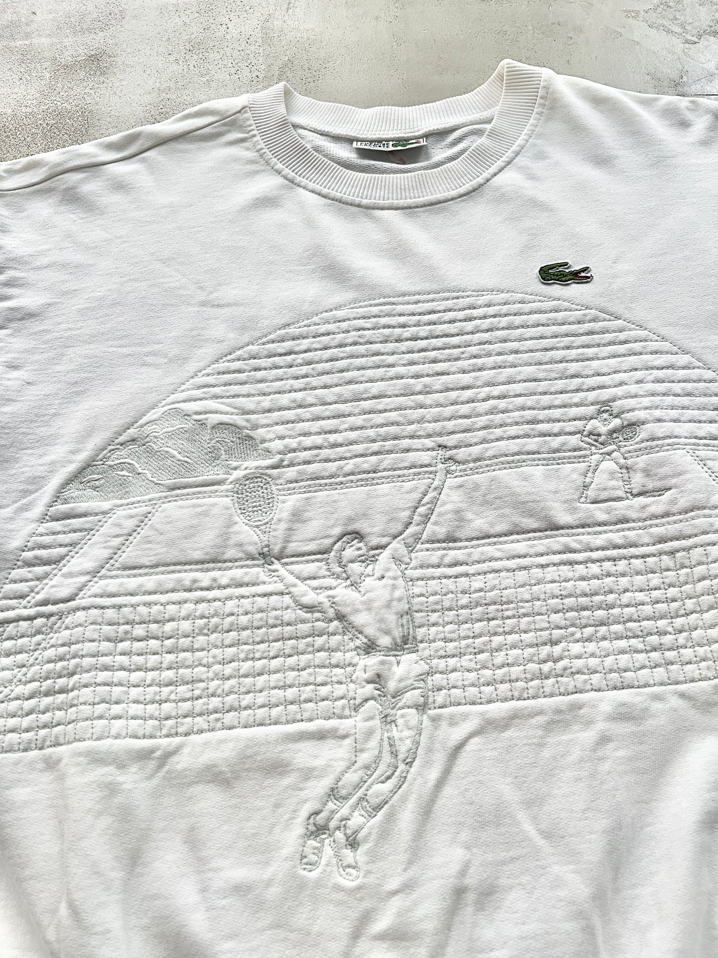 WHITE LACOSTE TENNIS SWEATER - 1990S - L/M