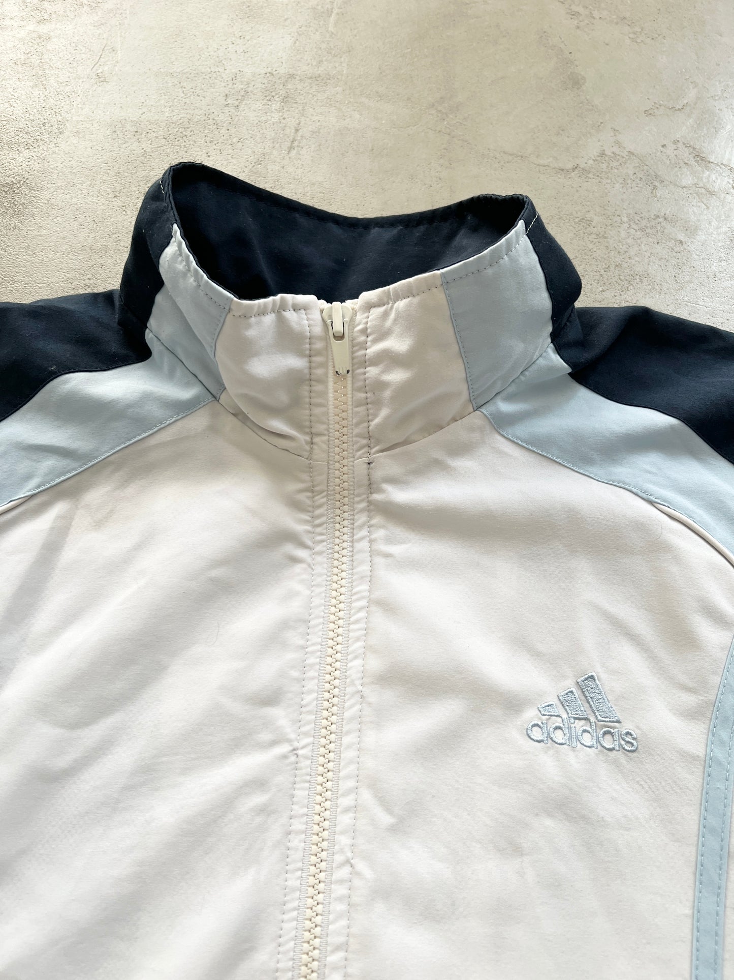 WHITE/BABY BLUE ADIDAS TRACK JACKET - XL/L
