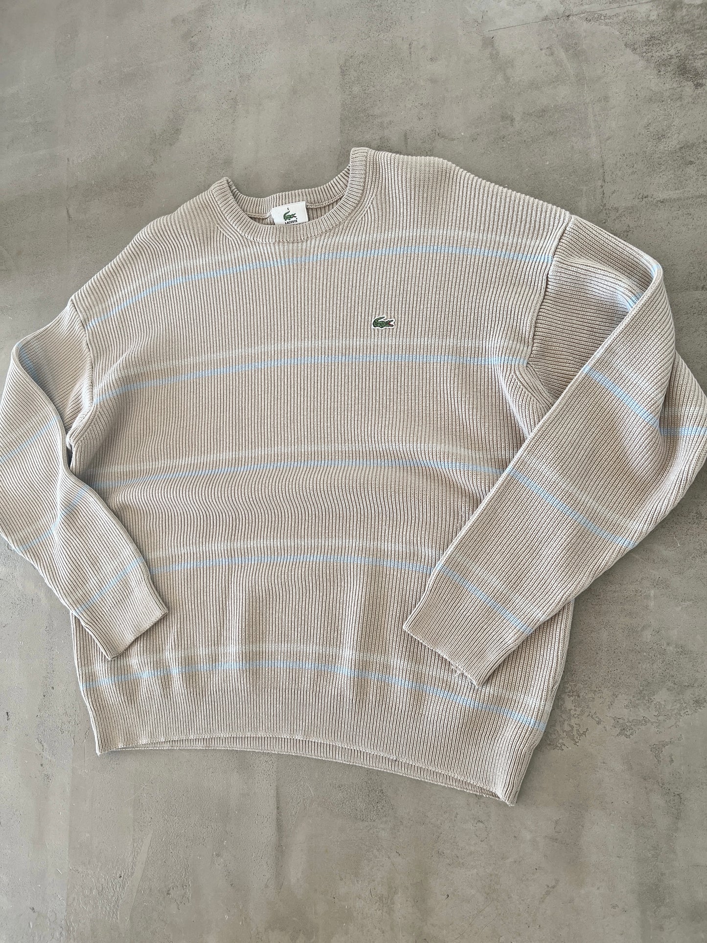 BEIGE/BABY BLUE LACOSTE KNIT SWEATER - 2000S - M
