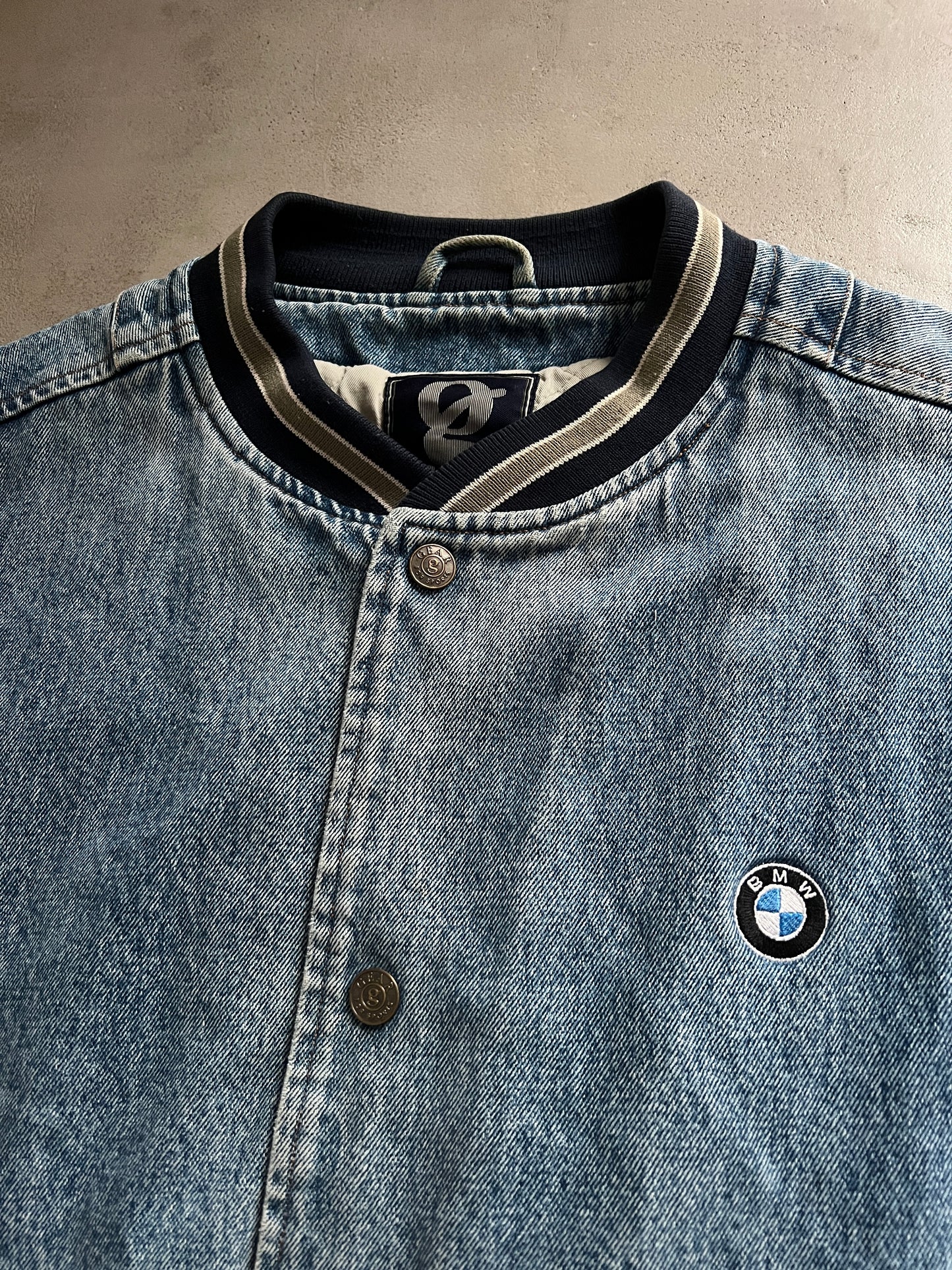 BLUE/CREME BMW JEANS JACKET - 1990S - L