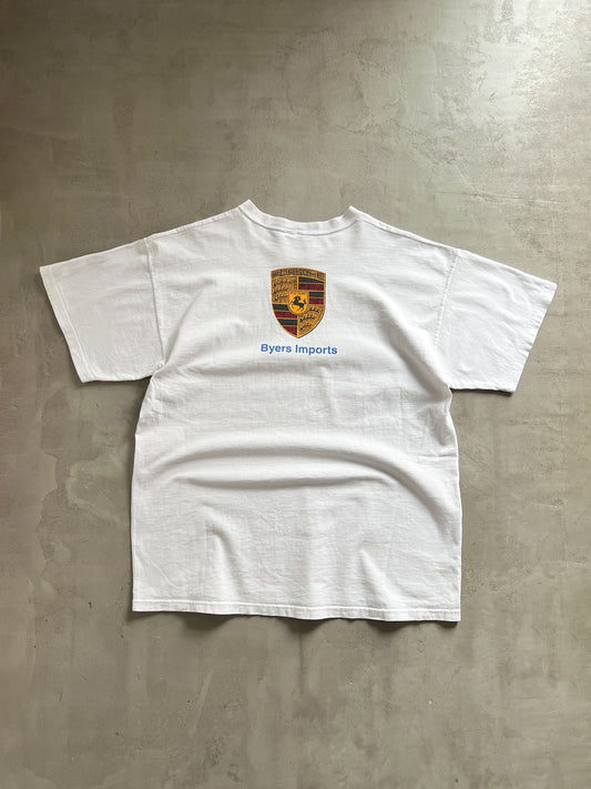 WHITE PORSCHE DEALERSHIP TEE - 1990S - L/XL