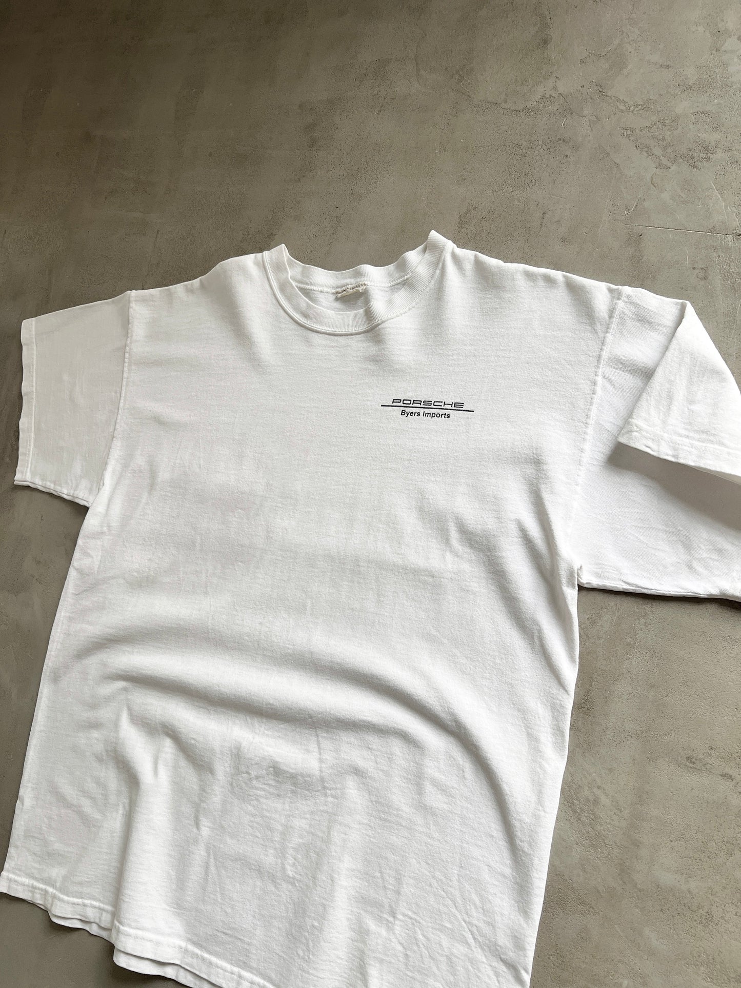 WHITE PORSCHE DEALERSHIP TEE - 1990S - L/XL