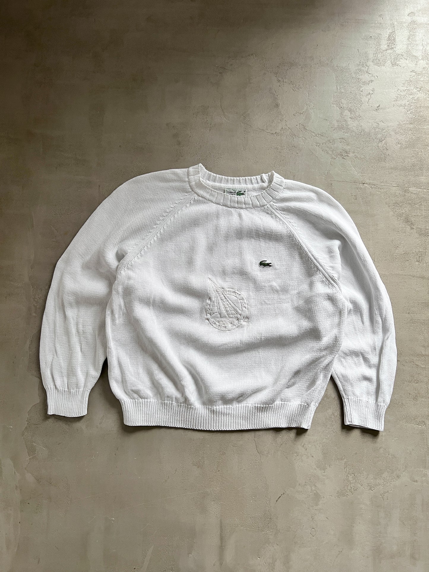 WHITE LACOSTE SAILING KNIT SWEATER - 1990S - M