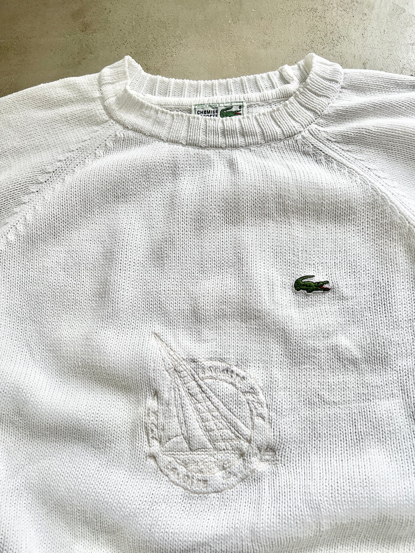 WHITE LACOSTE SAILING KNIT SWEATER - 1990S - M