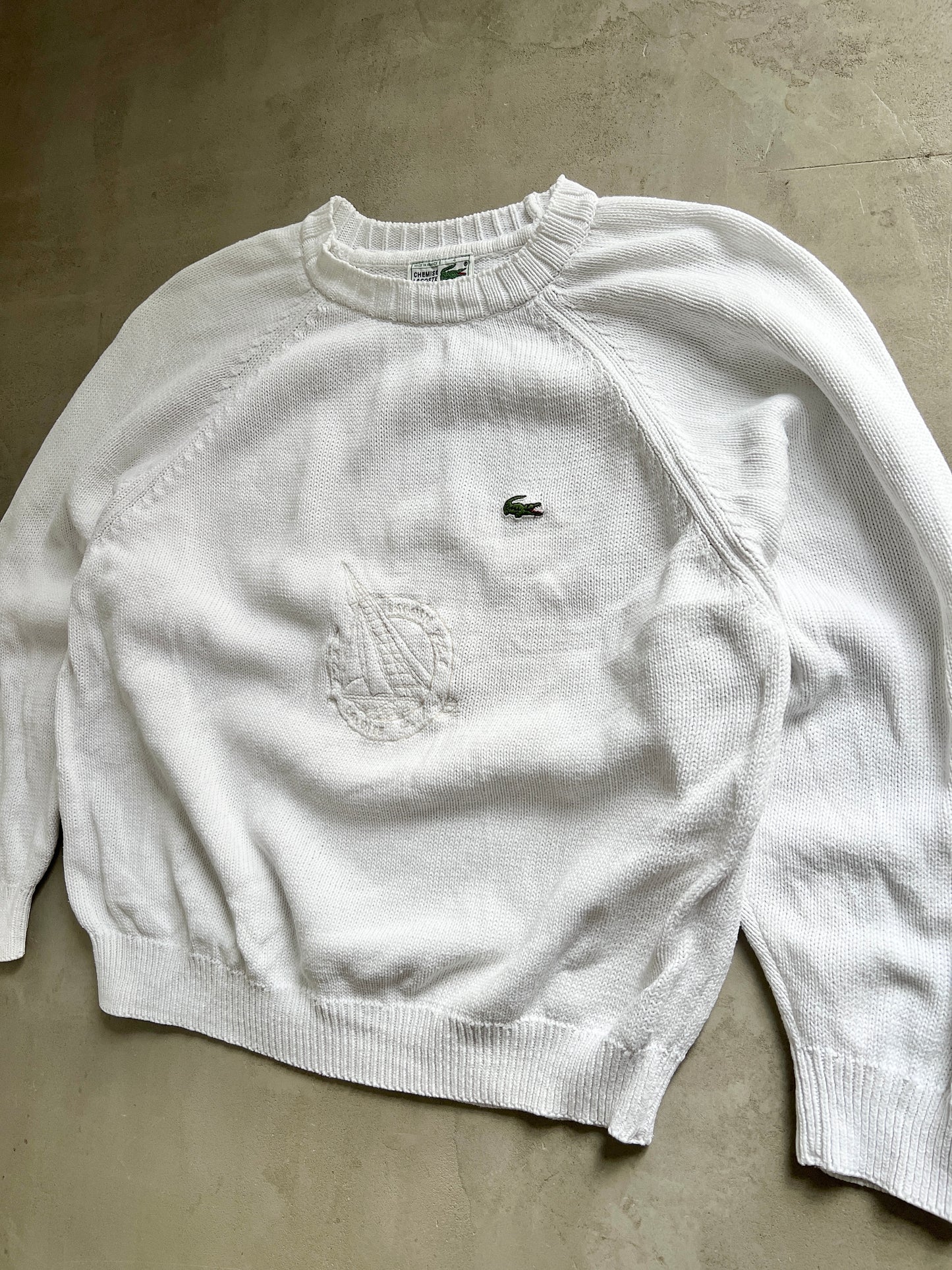 WHITE LACOSTE SAILING KNIT SWEATER - 1990S - M