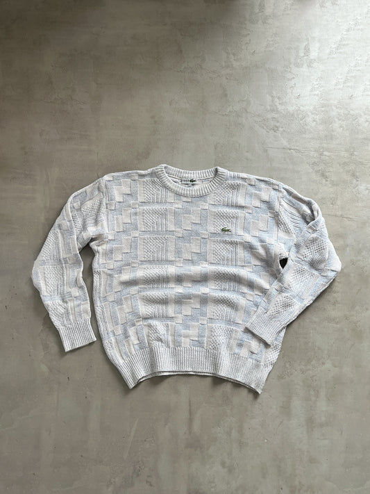 BABY BLUE/WHITE LACOSTE KNIT SWEATER - 1990S - M/L