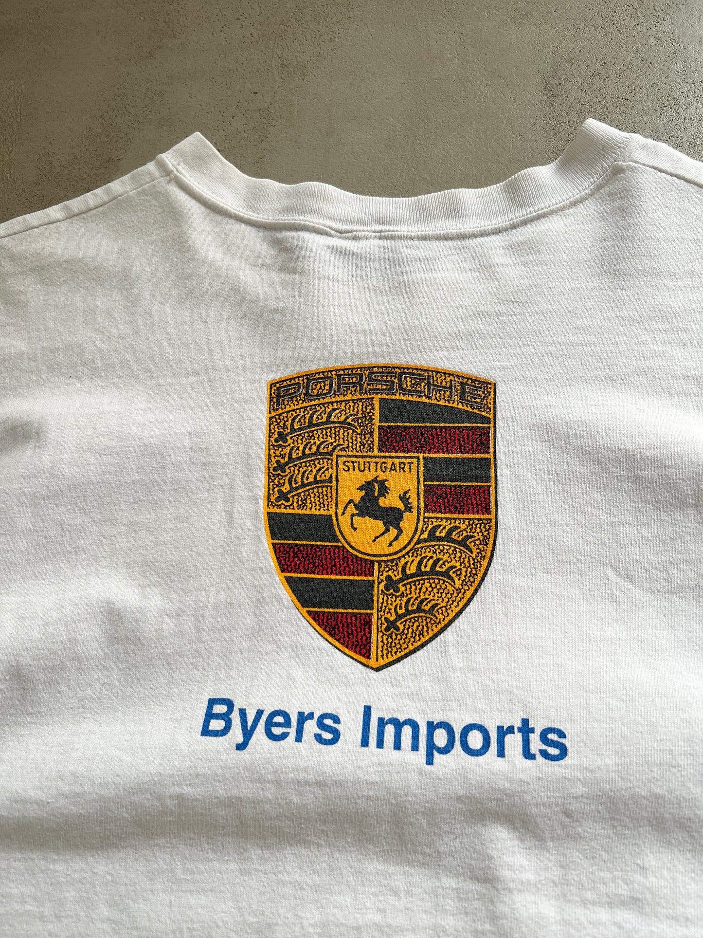 WHITE PORSCHE DEALERSHIP TEE - 1990S - L