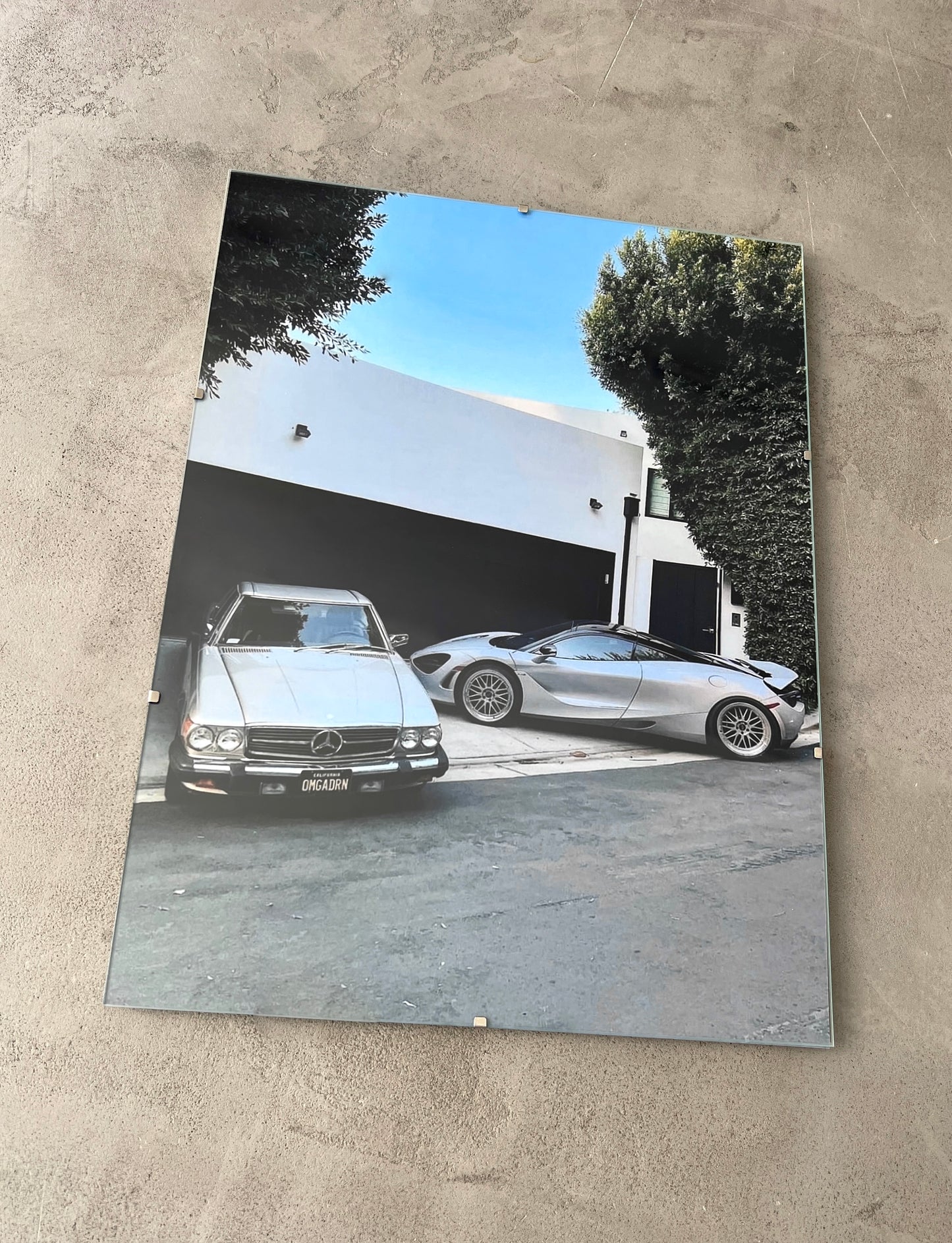 '86 SL BENZ X MCLAREN 720S GLASS PRINT