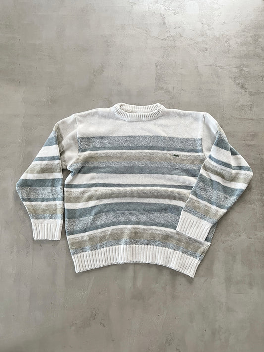 WHITE/BLUE LACOSTE KNIT SWEATER - 2000S - S