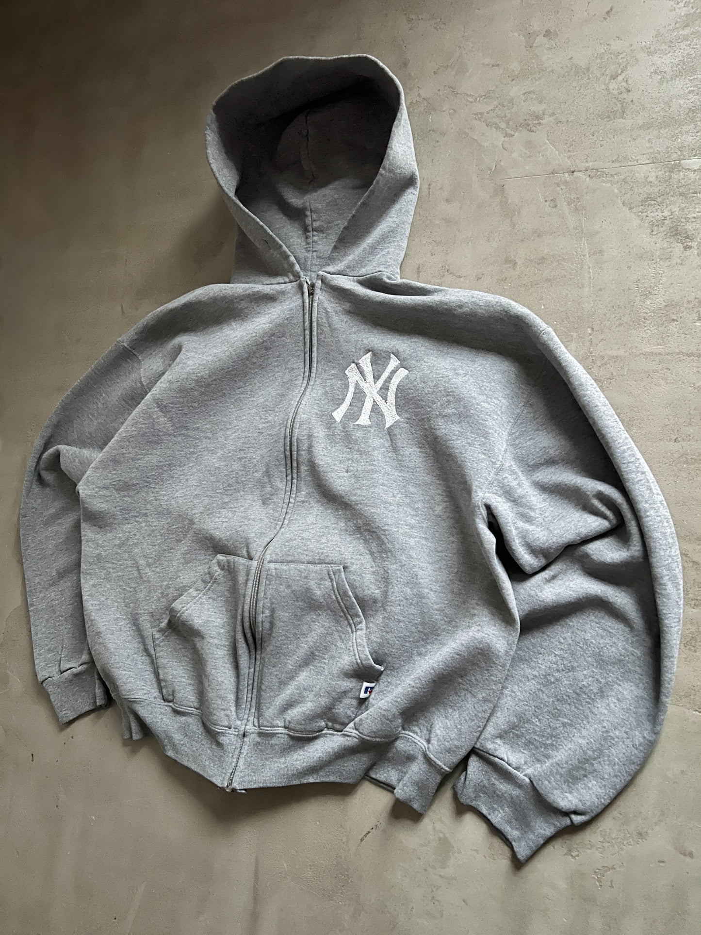 GREY YANKEES RUSSELL ZIP UP HOODIE - 1990S - L