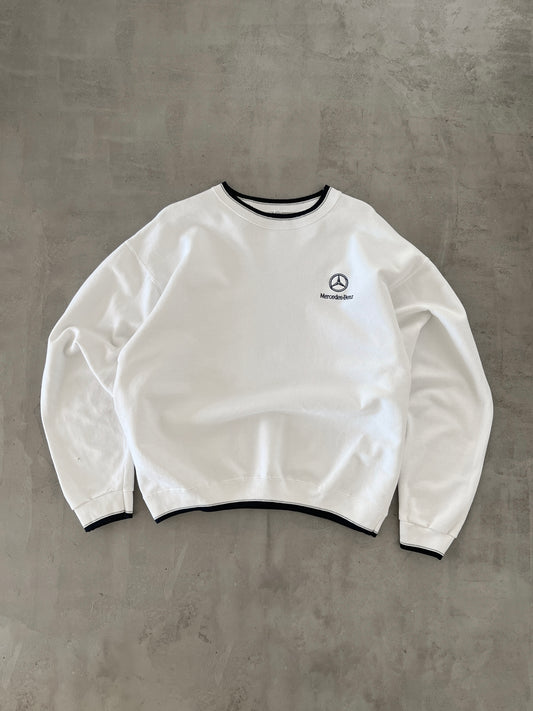 WHITE/NAVY MERCEDES BENZ SWEATER - 1990S - L/M