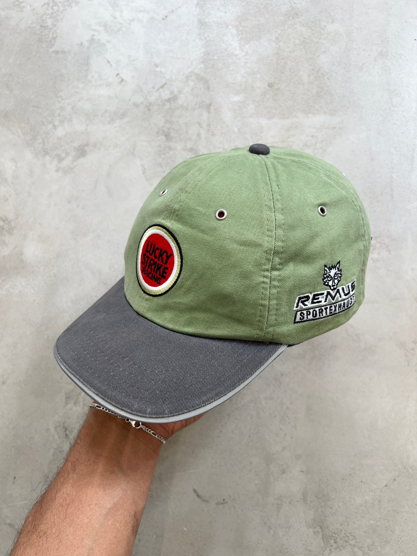 OLIVE GREEN LUCKY STRIKE X HONDA RACING CAP - 1990S