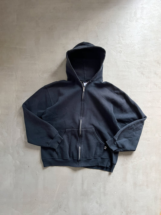 FADED BLACK RUSSELL ATHLETIC ZIP UP HOODIE - 2000S - M